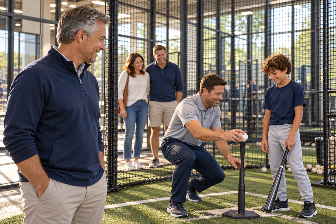 A proud club owner watches a coach work with a young athlete as the family looks on.